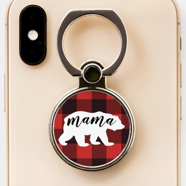Rustic Mama Bear Red & Black Buffalo Plaid Phone Ring Stand (Close Up)