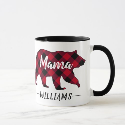 Rustic Mama Bear Red Buffalo Plaid Monogram Name Mug