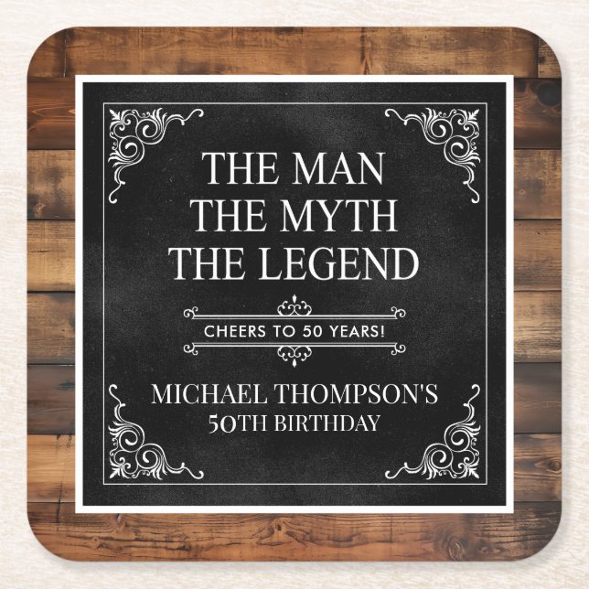 Rustic Man Myth Legend 50th Birthday Black Square Paper Coaster (Front)