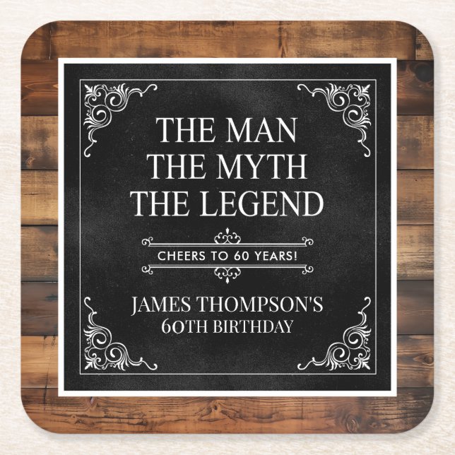 Rustic Man Myth Legend 60th Birthday Black Square Paper Coaster (Front)