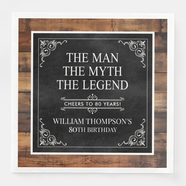 Rustic Man Myth Legend 80th Birthday Black  Paper Dinner Napkins (Front)