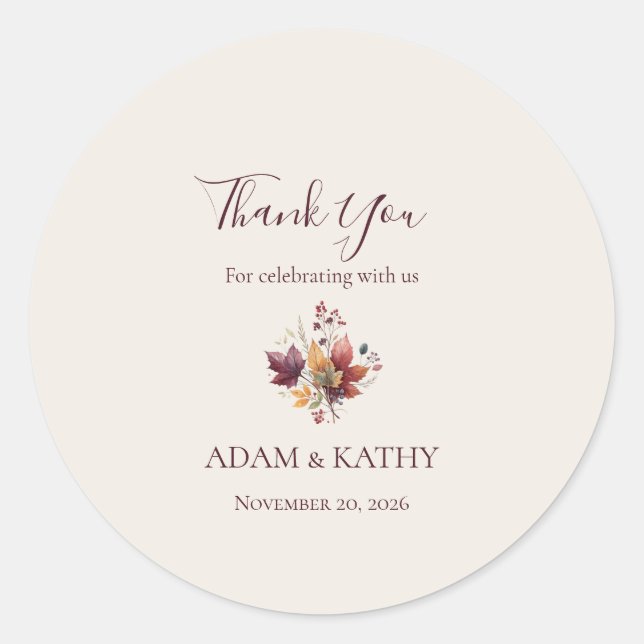 Rustic Maple Leaf Fall Wedding Thank You Sticker (Front)