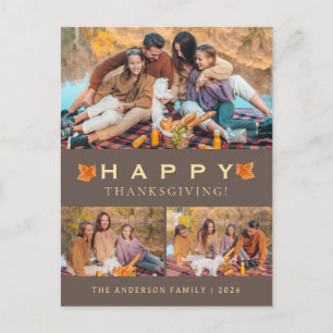 Rustic Maple Leaf Triple Photo Happy Thanksgiving Holiday Postcard