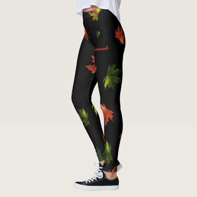 Rustic Maple Leaf with Your Name on BLACK Leggings (Left)