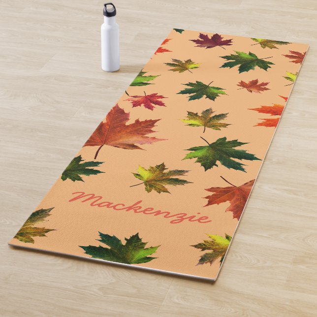 Rustic Maple Leaves Pattern with Name on ORANGE Yoga Mat (In Situ)