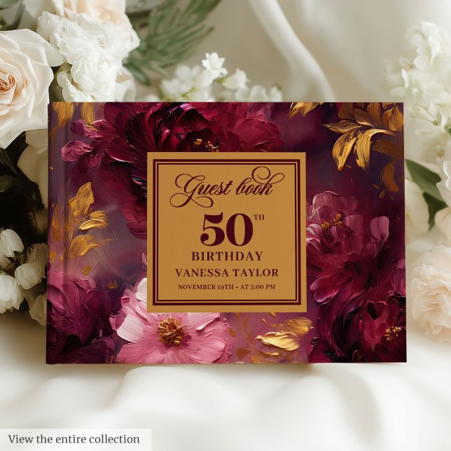 Rustic Maroon Blush Gold Flowers 50th Birthday Guest Book (Rustic Maroon Blush Gold Flowers 50th Birthday Guest Book)
