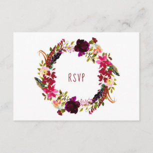 RUSTIC Maroon Floral Wreath Wood RSVP buffet 3979 Card