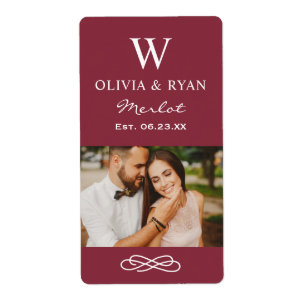 Rustic Maroon Monogram Wine Wedding Favor Label