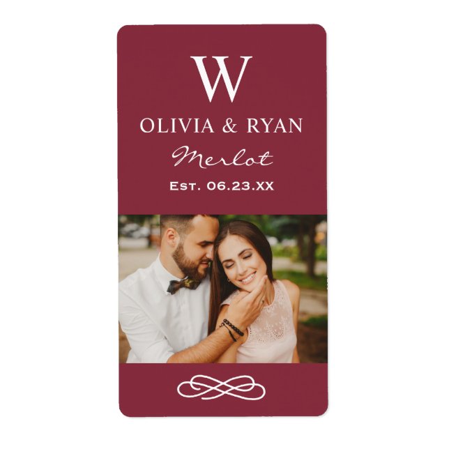 Rustic Maroon Monogram Wine Wedding Favor Label (Front)
