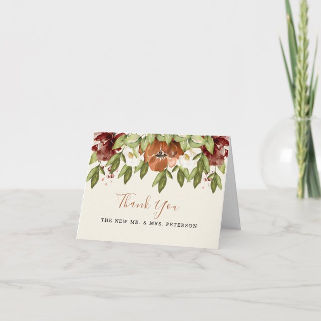 Rustic Maroon Orange Floral Wedding Thank You Card (Front)