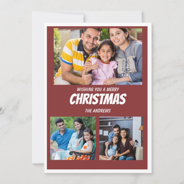 Rustic Maroon Red Christmas Photo Collage card (Front)