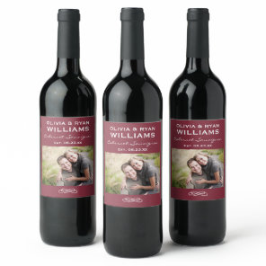 Rustic Maroon Red Photo Wedding Wine Label