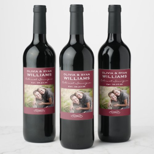 Rustic Maroon Red Wedding Photo Monogram Wine Label