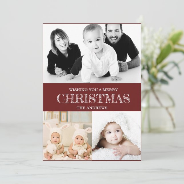 Rustic Maroon Red Winter Christmas Photo Collage H Holiday Card (Standing Front)