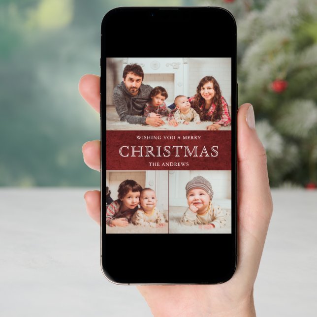 Rustic Maroon Red Winter Christmas Photo Collage Holiday Card (Front Digital)