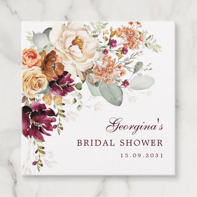 Rustic Maroon Terracotta Flowers Bridal Shower Favor Tags