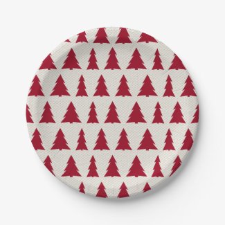 Rustic Maroon Tree Pattern on Beige Holiday Party Paper Plate