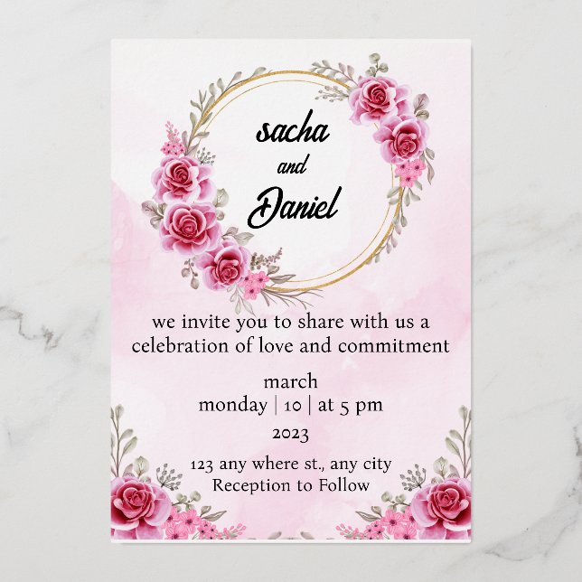 Rustic Maroon Winter Wedding Floral Foil Invitation (Front)