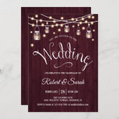 Rustic Maroon Wood & Lights Wedding Invitation (Front/Back)