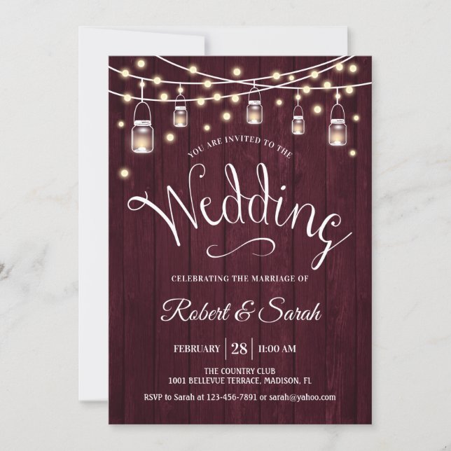 Rustic Maroon Wood & Lights Wedding Invitation (Front)