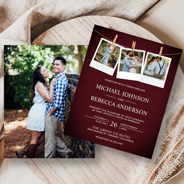 Rustic Maroon Wood Photo Budget Wedding Invitation (Creator Uploaded)
