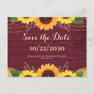 Rustic Maroon Wood Sunflower Wedding Save the Date Announcement Postcard