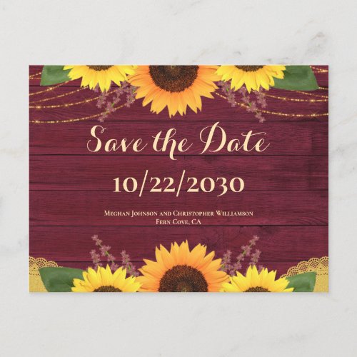 Rustic Maroon Wood Sunflower Wedding Save the Date Announcement Postcard
