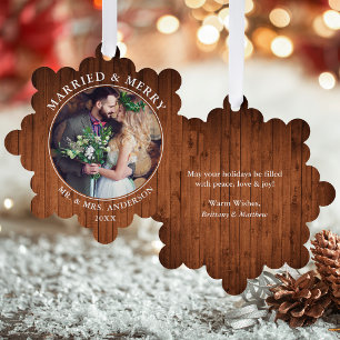 Rustic Married and Merry Wedding Photo Ornament Card
