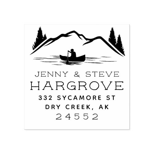 Rustic Married Couple Mountain Canoe Address Rubber Stamp
