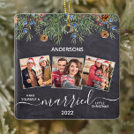 Rustic Married First Christmas Newlyweds 3 Photo Ceramic Ornament<br><div class="desc">Have Yourself a Married Little Christmas! Decorate your tree or send a special gift with this super cute personalized custom newlywed couple photo holiday ornament. Add your favorite photos and personalize with name and year. Ornament is double sided, duplicate design both sides. COPYRIGHT © 2020 Judy Burrows, Black Dog Art...</div>