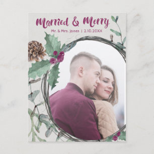 Rustic Married & Merry Calligraphy Holiday Photo Postcard