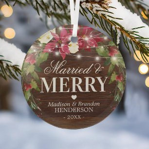 Rustic Married & Merry Christmas Glass Ornament