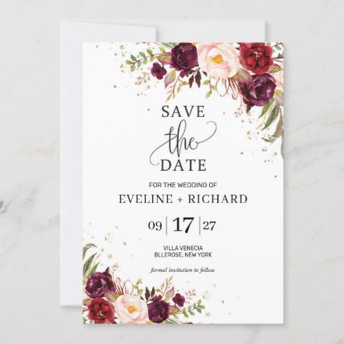 Rustic marsala blush pink floral save the date invitation