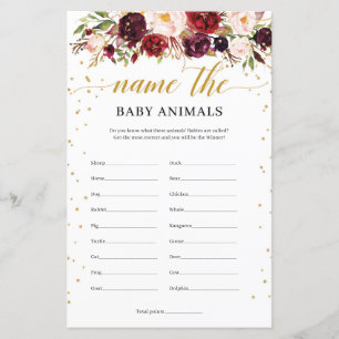 Rustic marsala boho name the baby animals game
