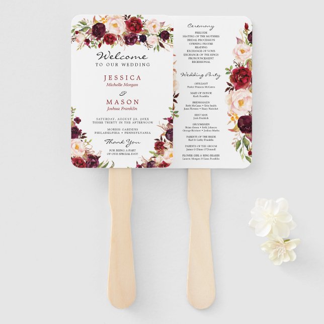 Rustic Marsala Burgundy Fan Program Template (Front and Back)