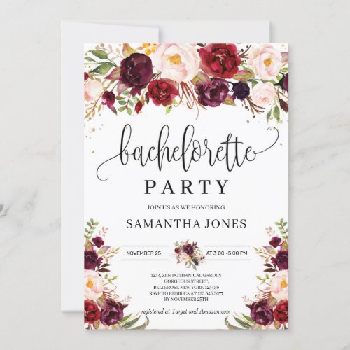 Rustic marsala burgundy floral gold bachelorette invitation