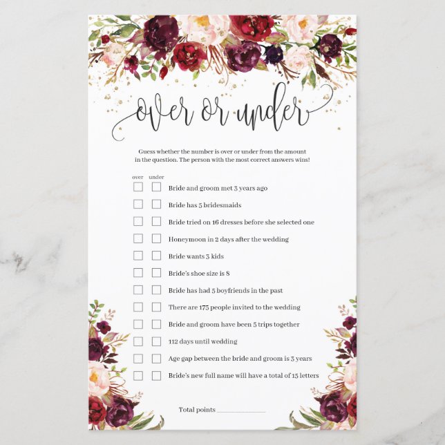 Rustic marsala burgundy floral over or under game (Front)