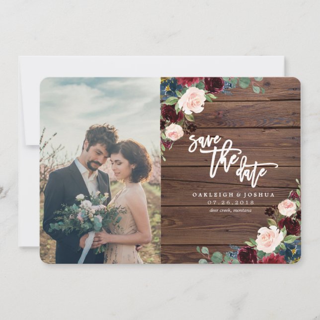 Rustic Marsala Burgundy Floral Save the Date (Front)