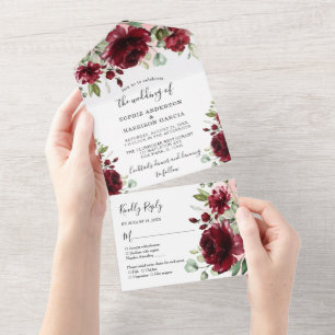 Rustic Marsala Burgundy Floral Wedding All In One  Invitation