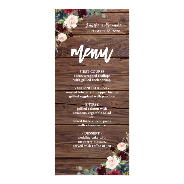 Rustic Marsala Burgundy Floral Wedding Menu (Front)