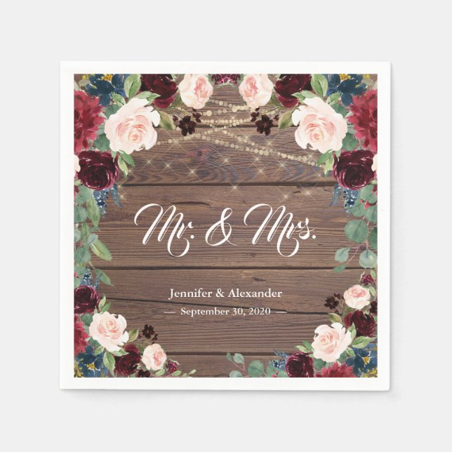 Rustic Marsala Burgundy Floral Wedding Napkins (Front)