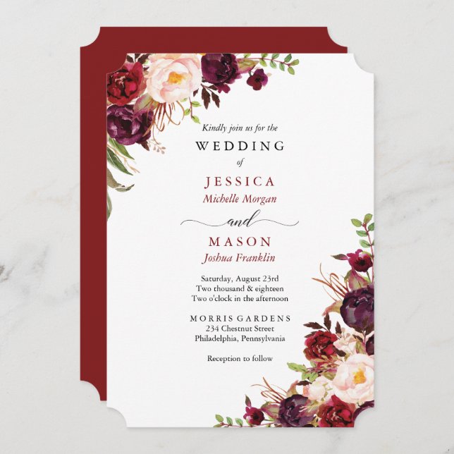 Rustic Marsala Burgundy Wedding Invitation (Front/Back)