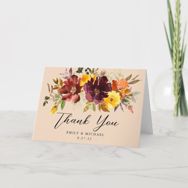 Rustic Marsala Burnt Orange Fall Wreath Letterpress Thank You Card (Front)