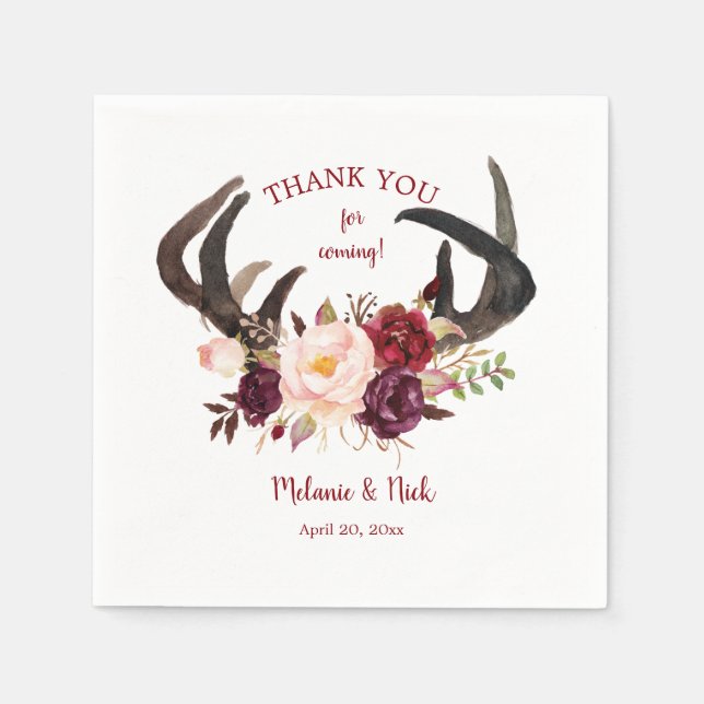 Rustic Marsala Floral antlers wedding decor 4163 Napkins (Front)
