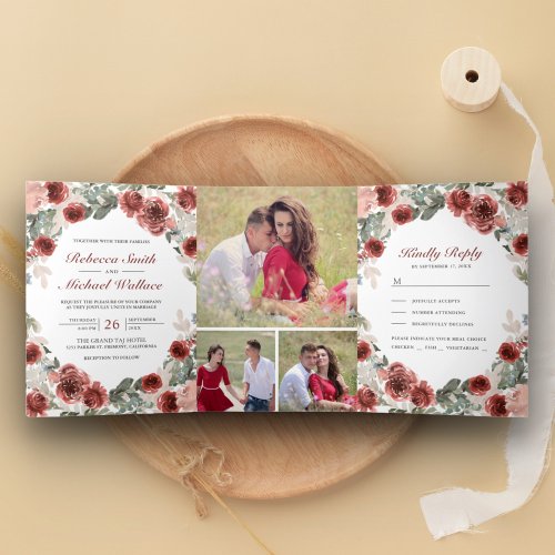Rustic Marsala Floral Bloom Photo Collage Wedding Tri_Fold Invitation