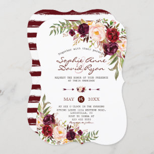 Rustic Marsala Floral Burgundy Stripes Wedding Invitation