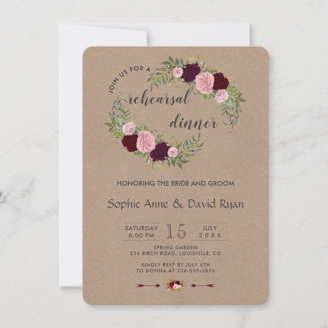 Rustic Marsala Floral Craft Paper Rehearsal Dinner Invitation (Front)