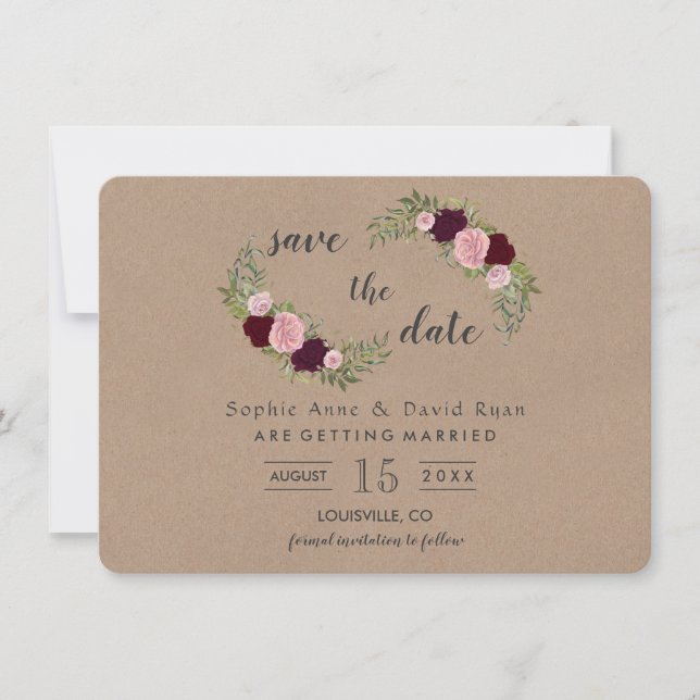 Rustic Marsala Floral Craft Paper Save the Date (Front)