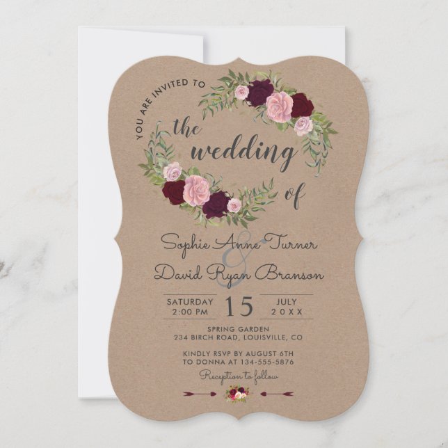 Rustic Marsala Floral Craft Paper Wedding Invitation (Front)
