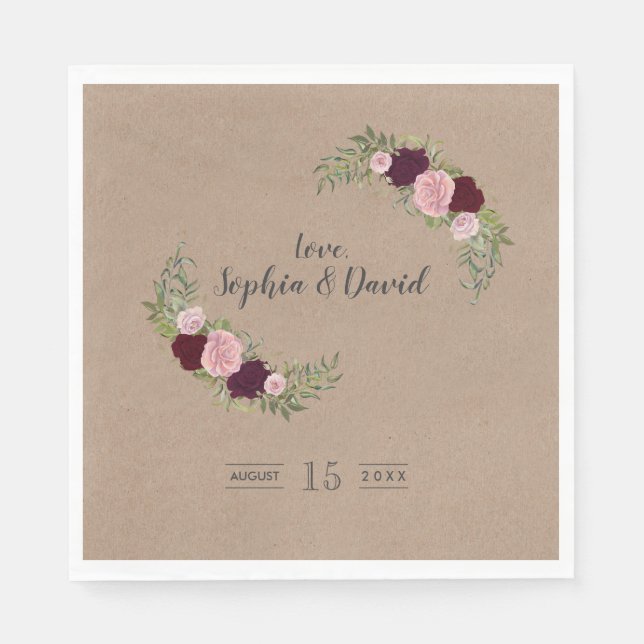 Rustic Marsala Floral Craft Paper Wedding Paper Napkins (Front)